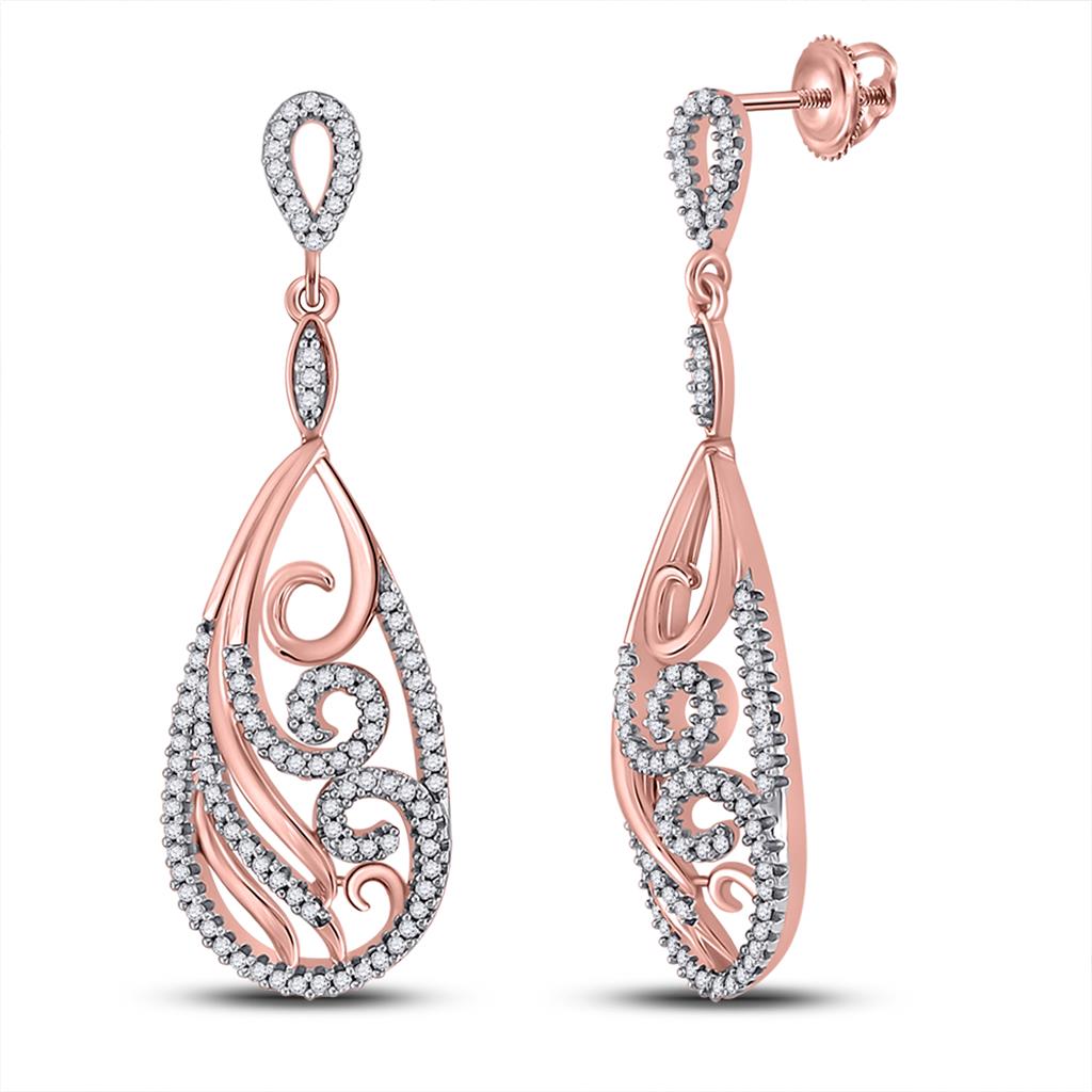 10k Rose Gold Round Diamond Curl Teardrop Dangle Earrings 1/2 Cttw