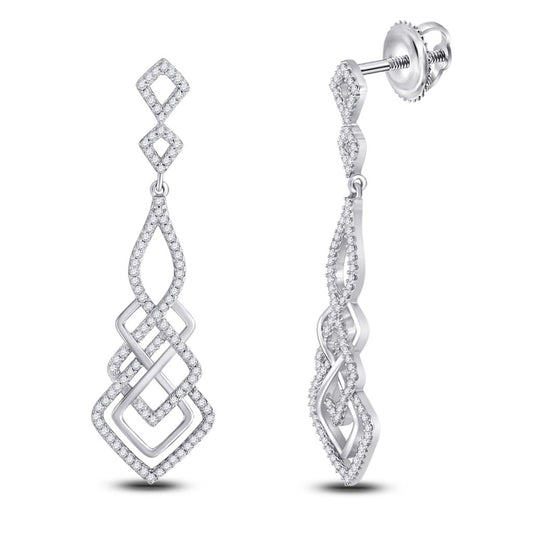14k White Gold Round Diamond Interwoven Geometric Dangle Earrings 1/2 Cttw