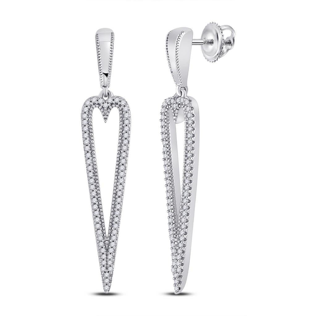 14k White Gold Round Diamond Oblong Heart Dangle Earrings 1/3 Cttw
