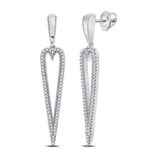 14k White Gold Round Diamond Oblong Heart Dangle Earrings 1/3 Cttw