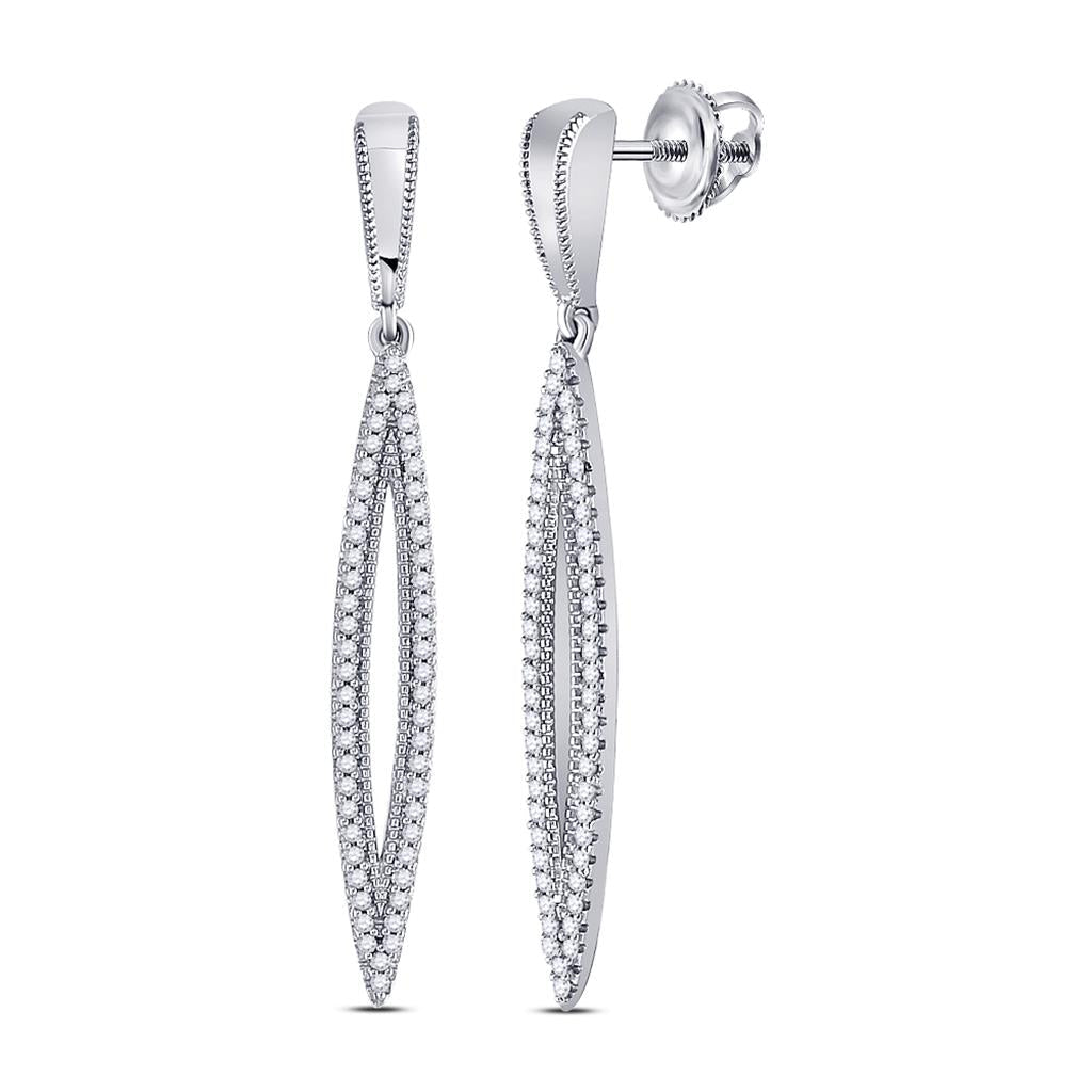 14k White Gold Round Diamond Oblong Geometric Dangle Earrings 1/3 Cttw