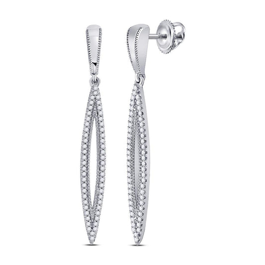 14k White Gold Round Diamond Oblong Geometric Dangle Earrings 1/3 Cttw