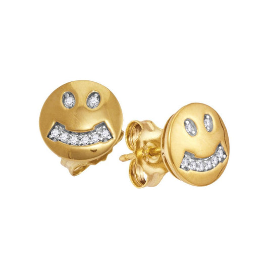 10k Yellow Gold Round Diamond Smiley Face Earrings 1/20 Cttw