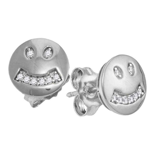 14k White Gold Round Diamond Smiley Face Earrings 1/20 Cttw