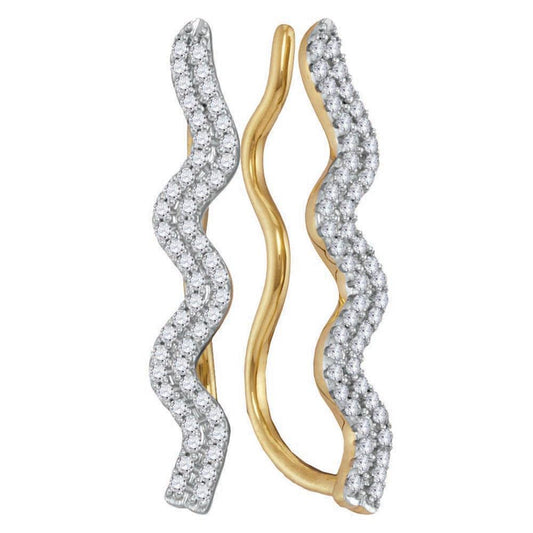 10k Yellow Gold Round Diamond Double Two Row Climber Earrings 1/4 Cttw
