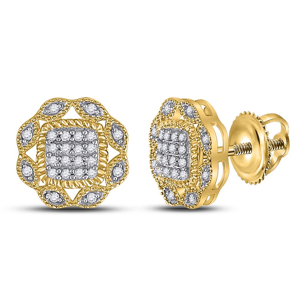 10k Yellow Gold Round Diamond Octagon Cluster Earrings 1/6 Cttw