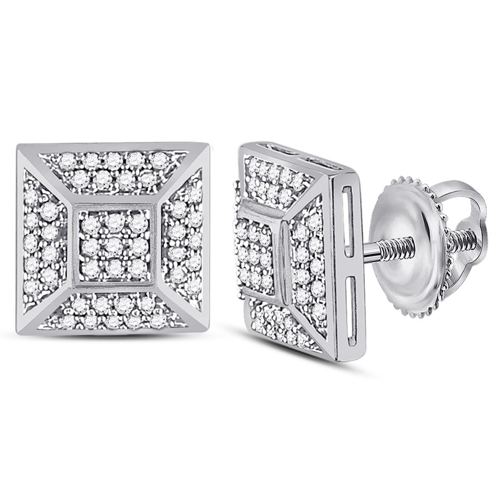 14kt White Gold Round Diamond Square Cluster Stud Earrings 1/5 Cttw