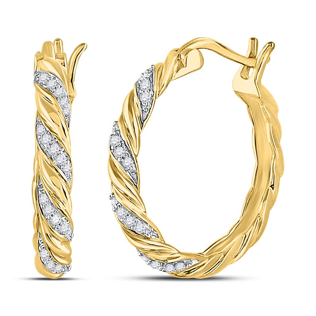 10kt Yellow Gold Round Diamond Spiral Stripe Hoop Earrings 1/10 Cttw