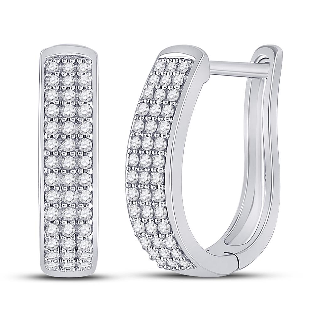 14k White Gold Round Diamond Oblong Hoop Earrings 3/8 Cttw