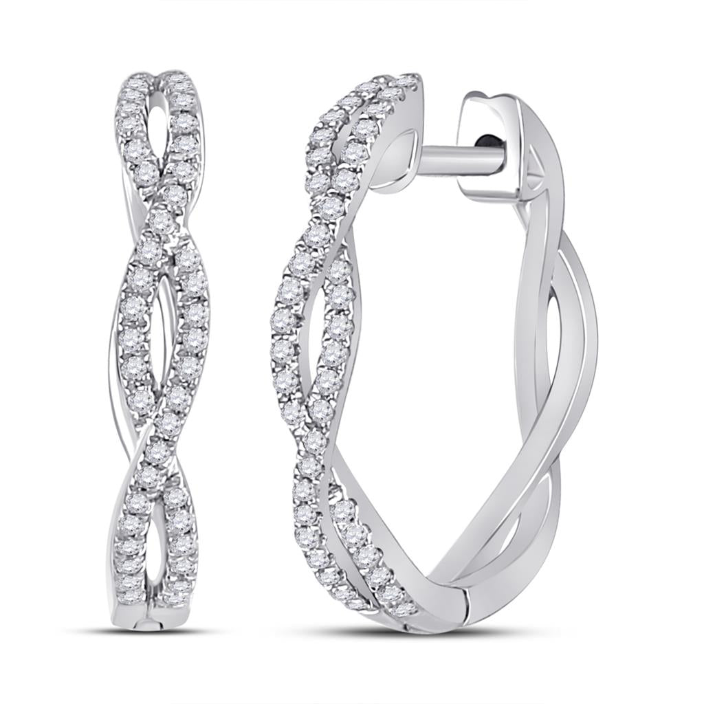 14k White Gold Round Diamond Twist Hoop Earrings 1/5 Cttw