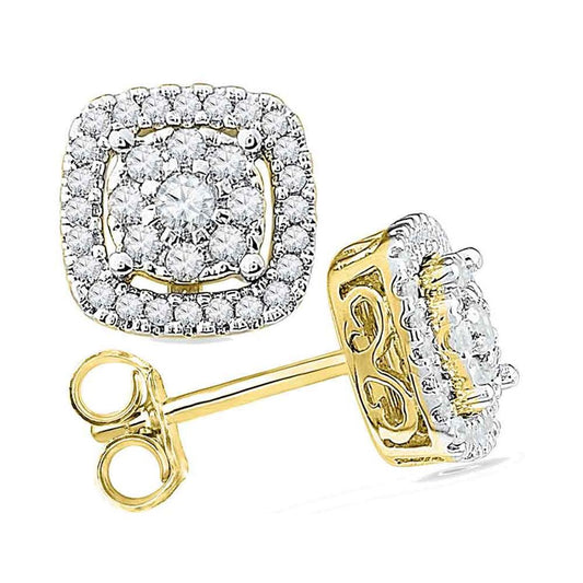 10k Yellow Gold Round Diamond Square Cluster Earrings 1/2 Cttw