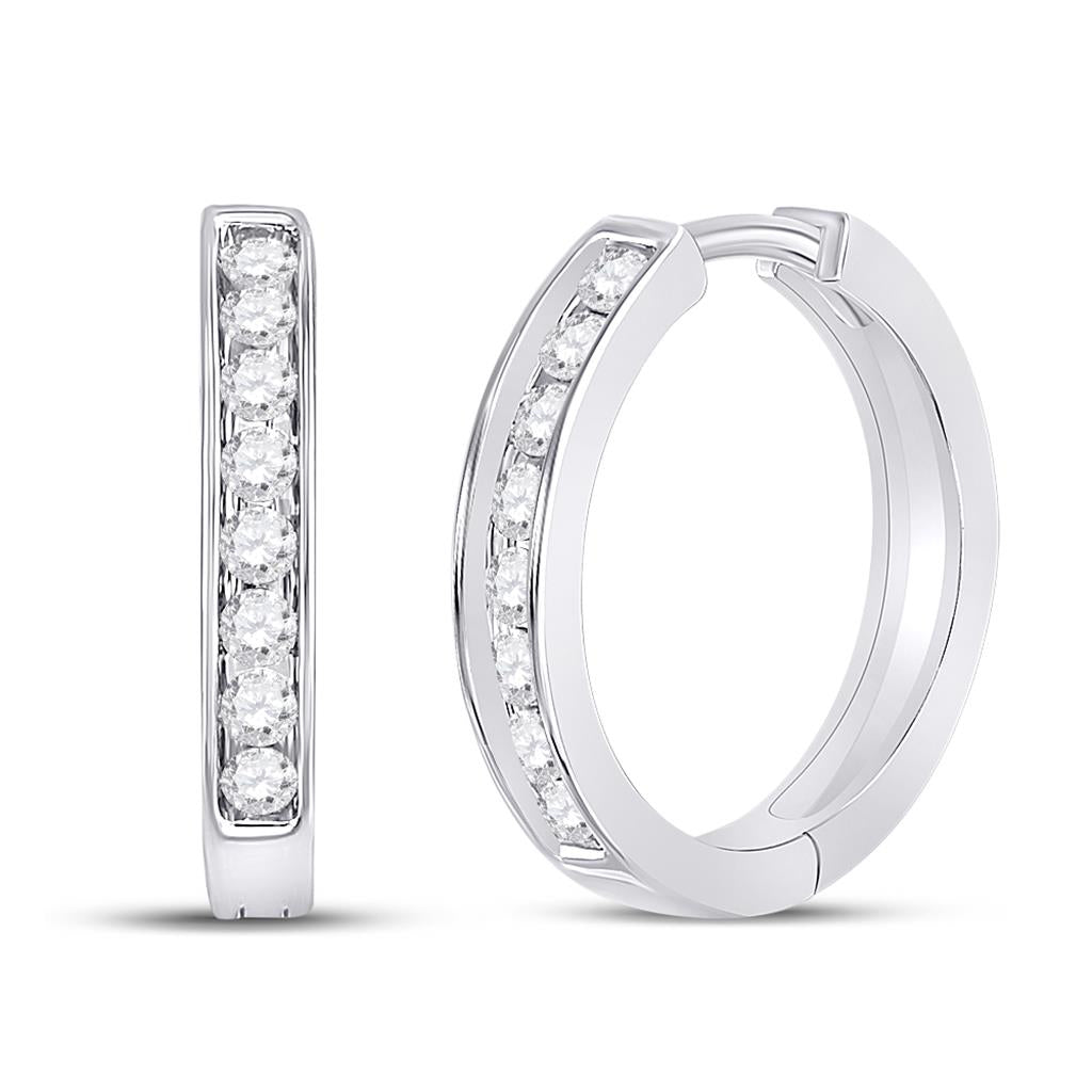 14k White Gold Round Diamond Hoop Earrings 1/2 Cttw