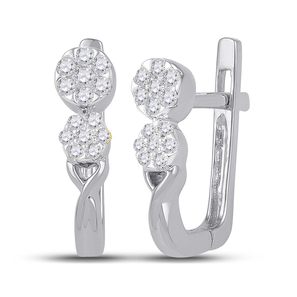 14k White Gold Round Diamond Flower Cluster Hoop Earrings 1/4 Cttw
