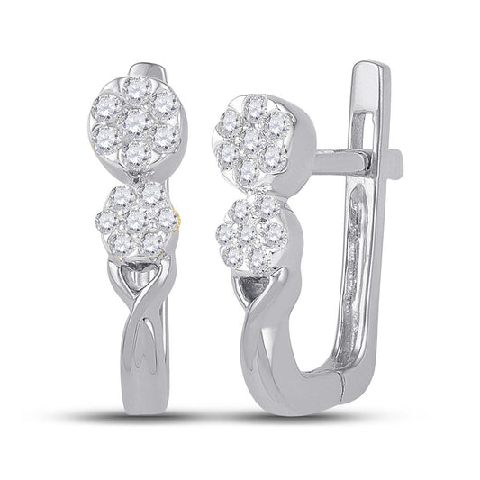 14k White Gold Round Diamond Flower Cluster Hoop Earrings 1/4 Cttw