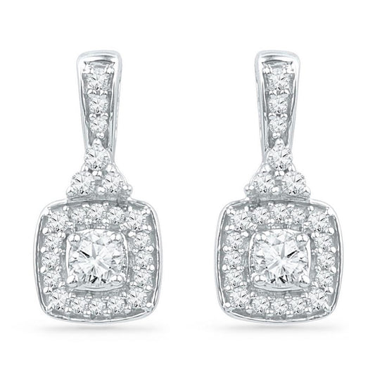 14k White Gold Round Diamond Square Dangle Earrings 1/2 Cttw