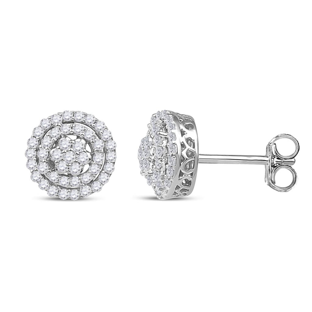 14k White Gold Round Diamond Concentric Cluster Earrings 1/2 Cttw