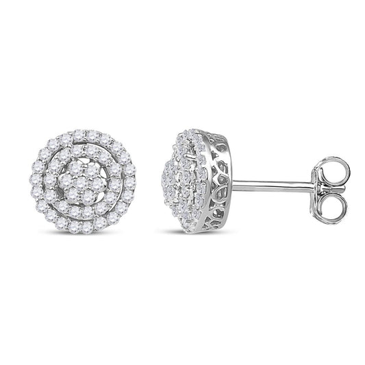 14k White Gold Round Diamond Concentric Cluster Earrings 1/2 Cttw