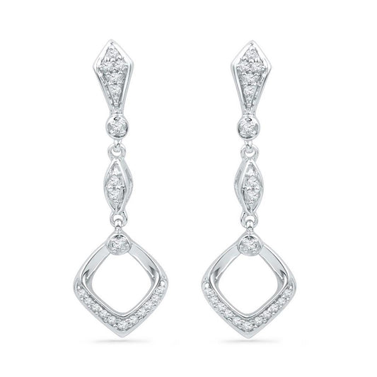 14k White Gold Round Diamond Offset Square Dangle Earrings 1/6 Cttw