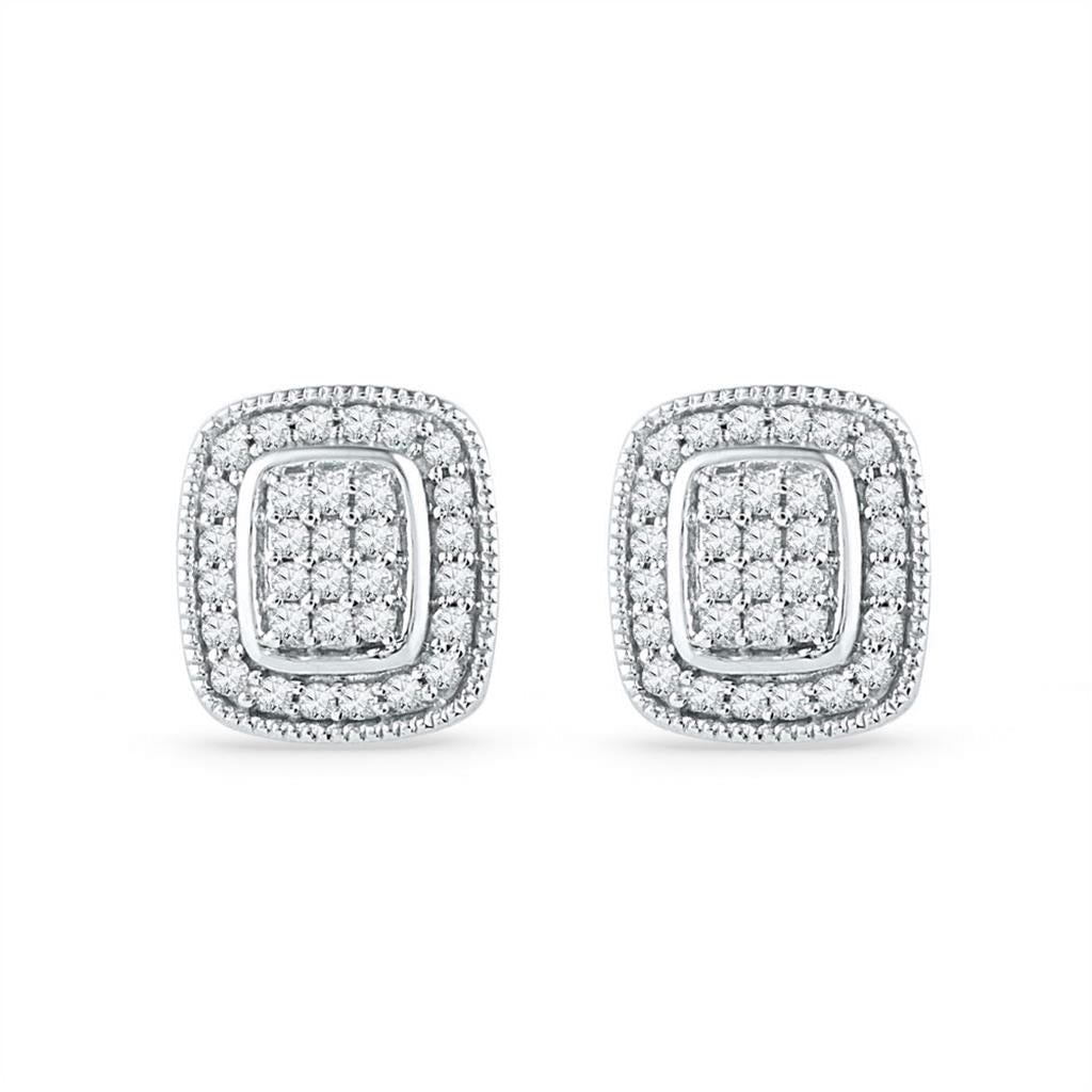 14k White Gold Round Diamond Square Cluster Stud Earrings 1/4 Cttw