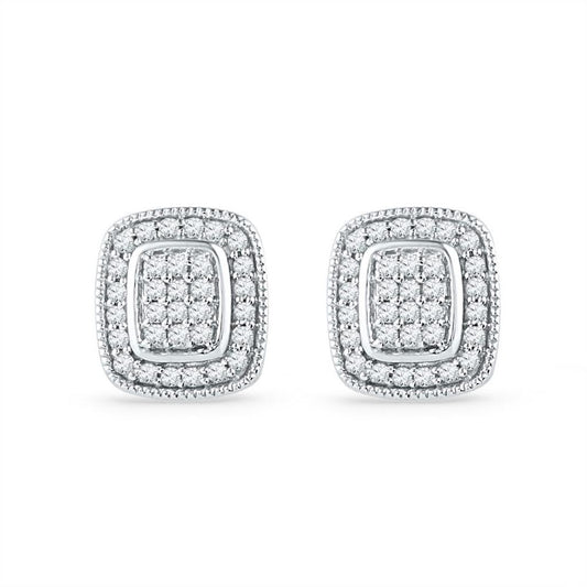 14k White Gold Round Diamond Square Cluster Stud Earrings 1/4 Cttw