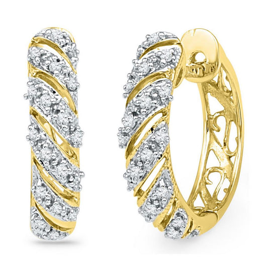 10k Yellow Gold Round Diamond Diagonal Stripe Hoop Earrings 1/6 Cttw