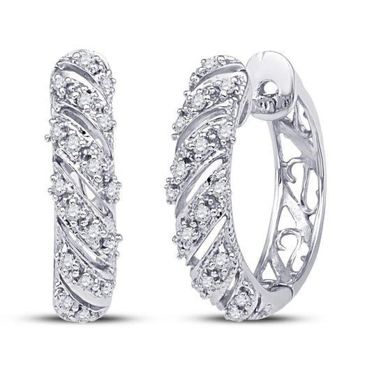 14k White Gold Round Diamond Diagonal Stripe Hoop Earrings 1/6 Cttw