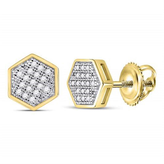 10k Yellow Gold Round Diamond Hexagon Earrings 1/10 Cttw
