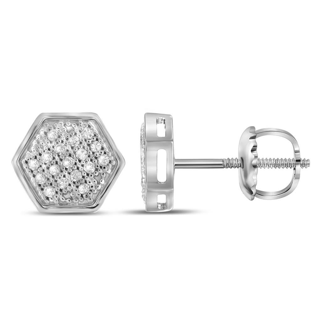 14kt White Gold Round Diamond Hexagon Cluster Stud Earrings 1/10 Cttw