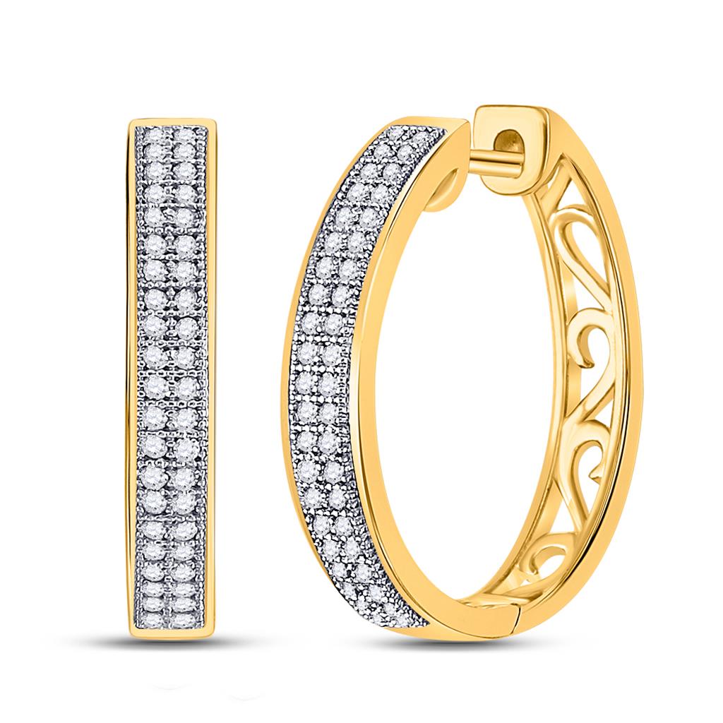 10k Yellow Gold Round Diamond Double Row Pave Hoop Earrings 1/4 Cttw