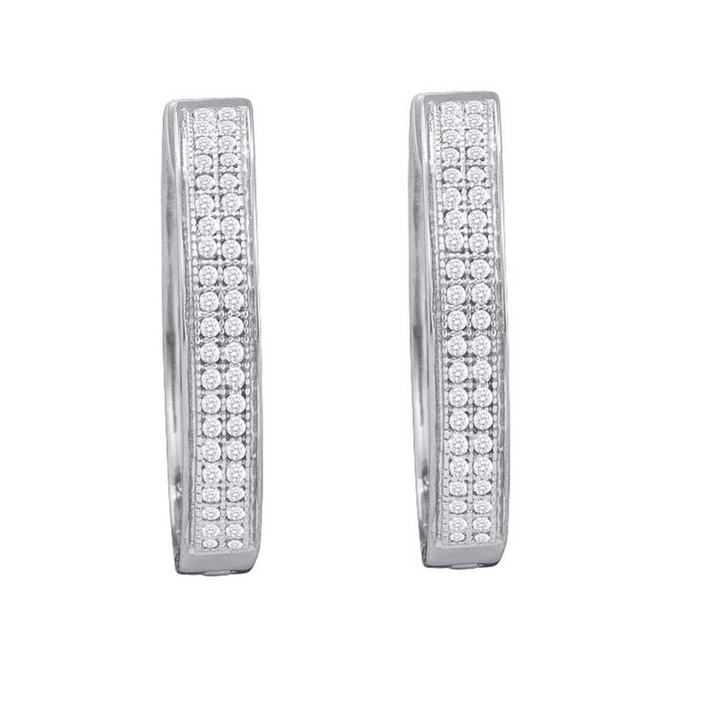 14k White Gold Round Diamond Double Row Pave Hoop Earrings 1/4 Cttw