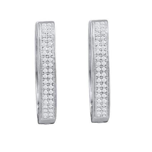 14k White Gold Round Diamond Double Row Pave Hoop Earrings 1/4 Cttw