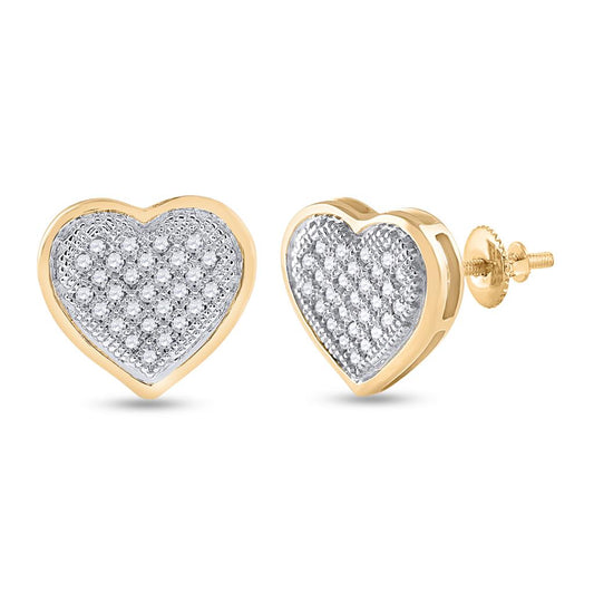 10k Yellow Gold Round Diamond Heart Cluster Earrings 1/6 Cttw