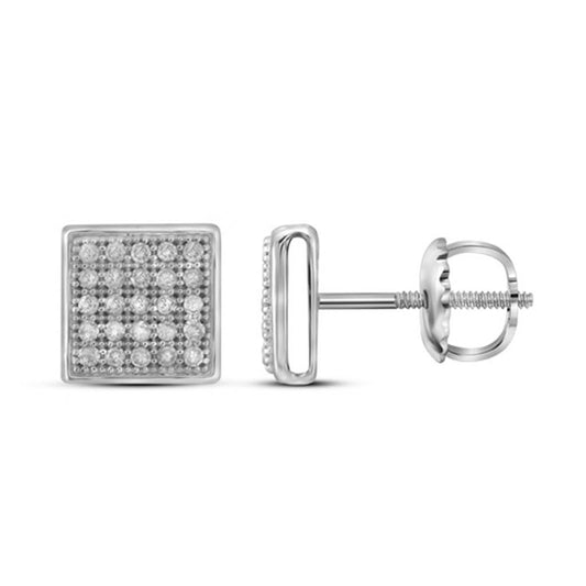 14k White Gold Round Diamond Square Cluster Earrings 1/6 Cttw