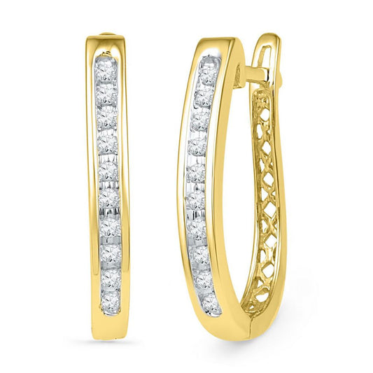 10k Yellow Gold Round Diamond Slender Single Row Oblong Hoop Earrings 1/5 Cttw