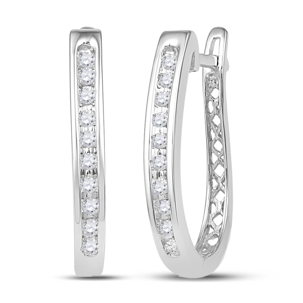 14k White Gold Round Diamond Slender Single Row Oblong Hoop Earrings 1/5 Cttw