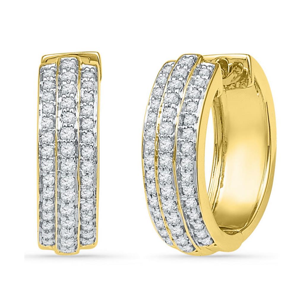 10k Yellow Gold Round Diamond Triple Row Hoop Earrings 1/2 Cttw
