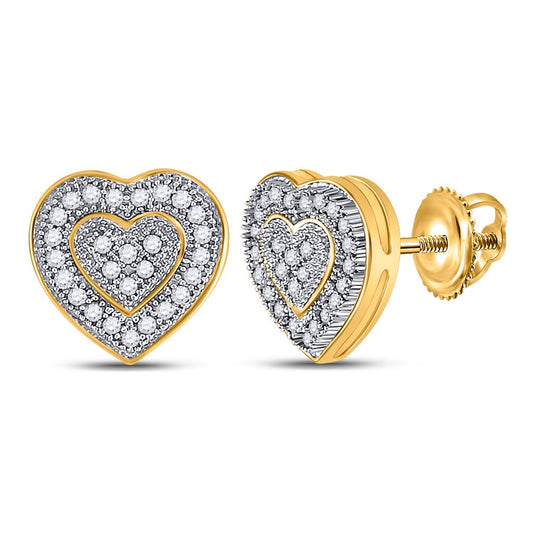 10k Yellow Gold Round Diamond Heart Cluster Earrings 1/6 Cttw