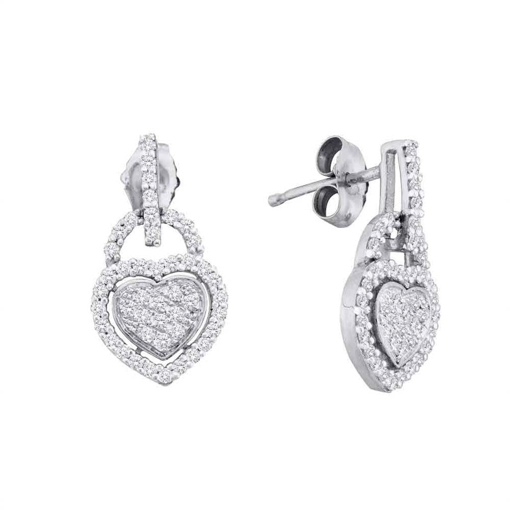 14k White Gold Round Diamond Heart Dangle Earrings 1/3 Cttw