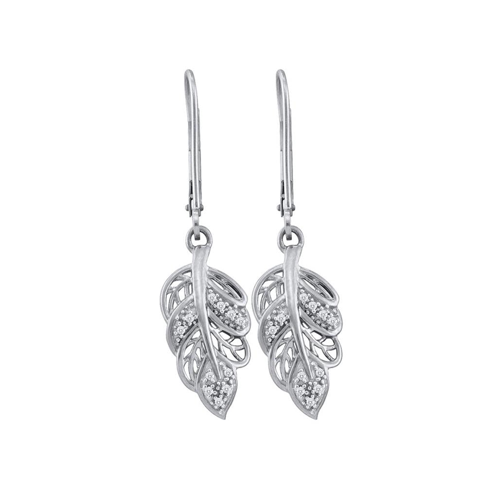 14k White Gold Round Diamond Dangle Leaf Leaves Wire Earrings 1/20 Cttw