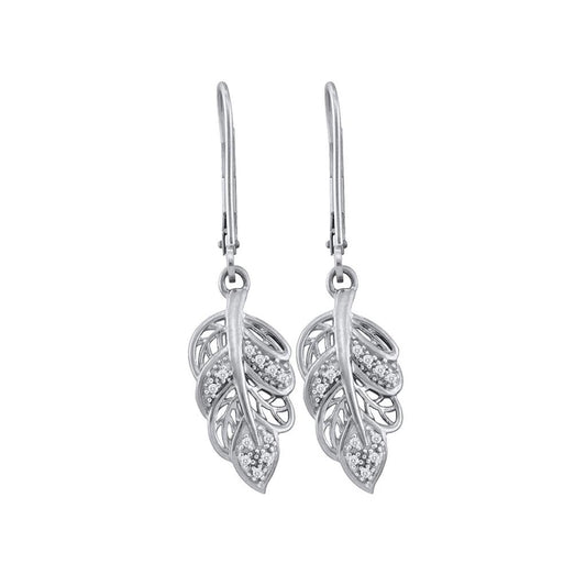 14k White Gold Round Diamond Dangle Leaf Leaves Wire Earrings 1/20 Cttw