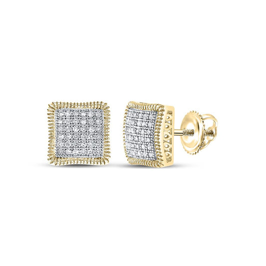 10k Yellow Gold Round Diamond Square Cluster Milgrain Earrings 1/4 Cttw