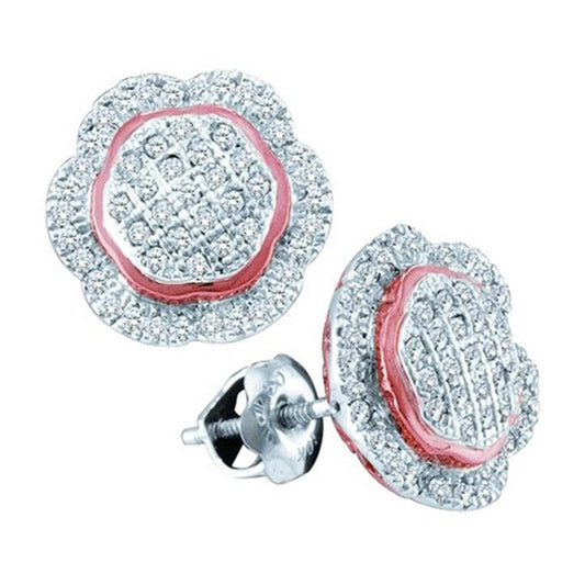14k White Gold Round Diamond Rose-tone Frame Octagon Cluster Earrings 1/3 Cttw