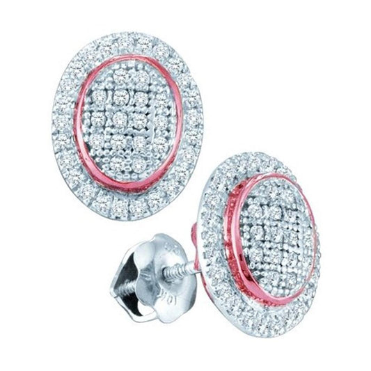 14k White Gold Round Diamond Oval Rose-tone Frame Cluster Earrings 1/4 Cttw