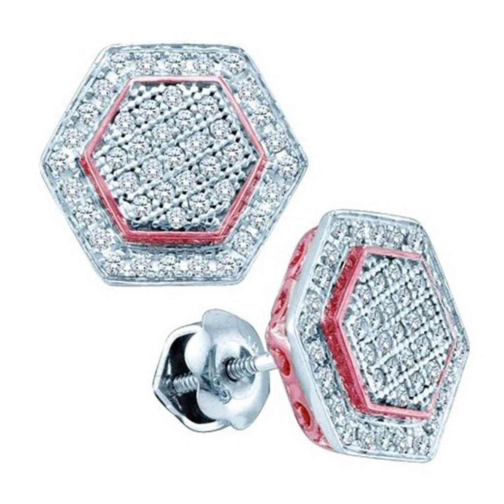 14k White Gold Diamond Rose-tone Hexagon Stud Earrings 1/3 Cttw