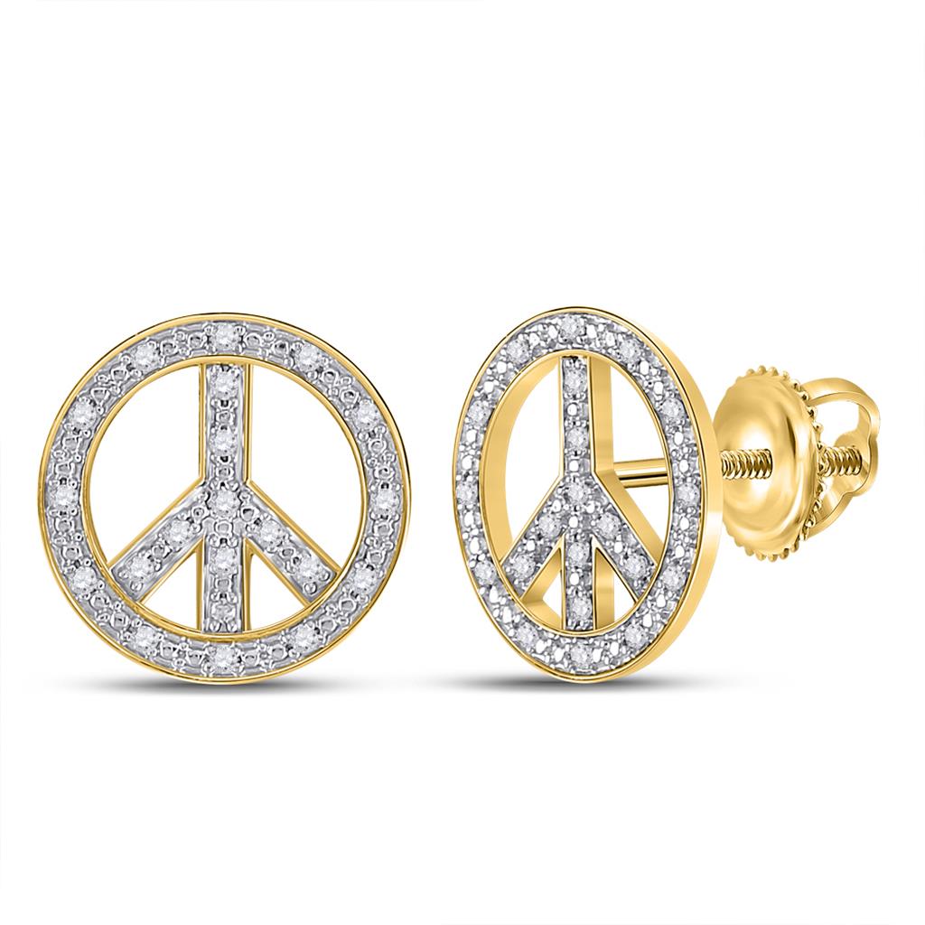 10k Yellow Gold Round Diamond Peace Sign Circle Earrings 1/6 Cttw
