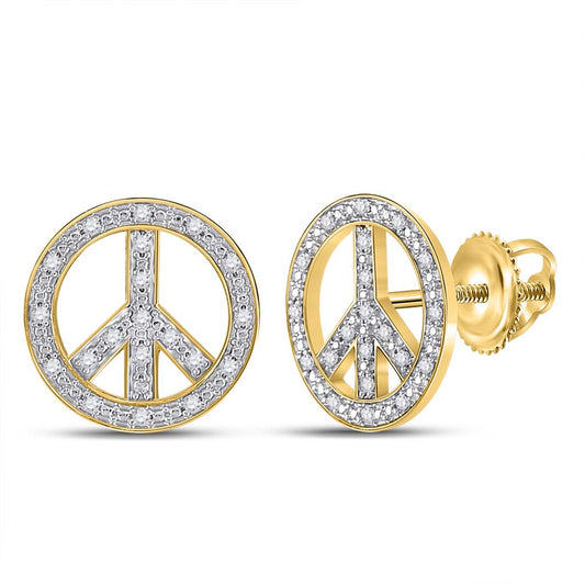 10k Yellow Gold Round Diamond Peace Sign Circle Earrings 1/6 Cttw