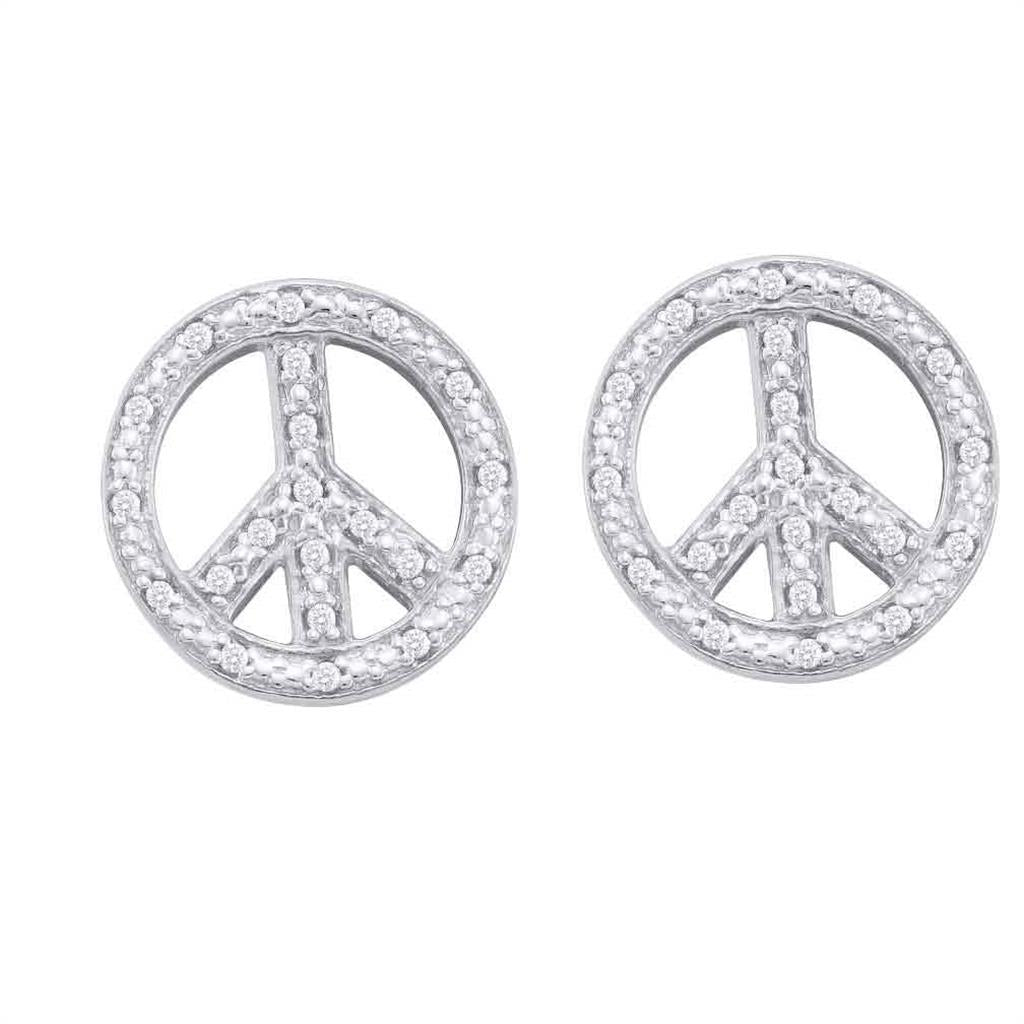 14k White Gold Round Diamond Peace Sign Earrings 1/6 Cttw