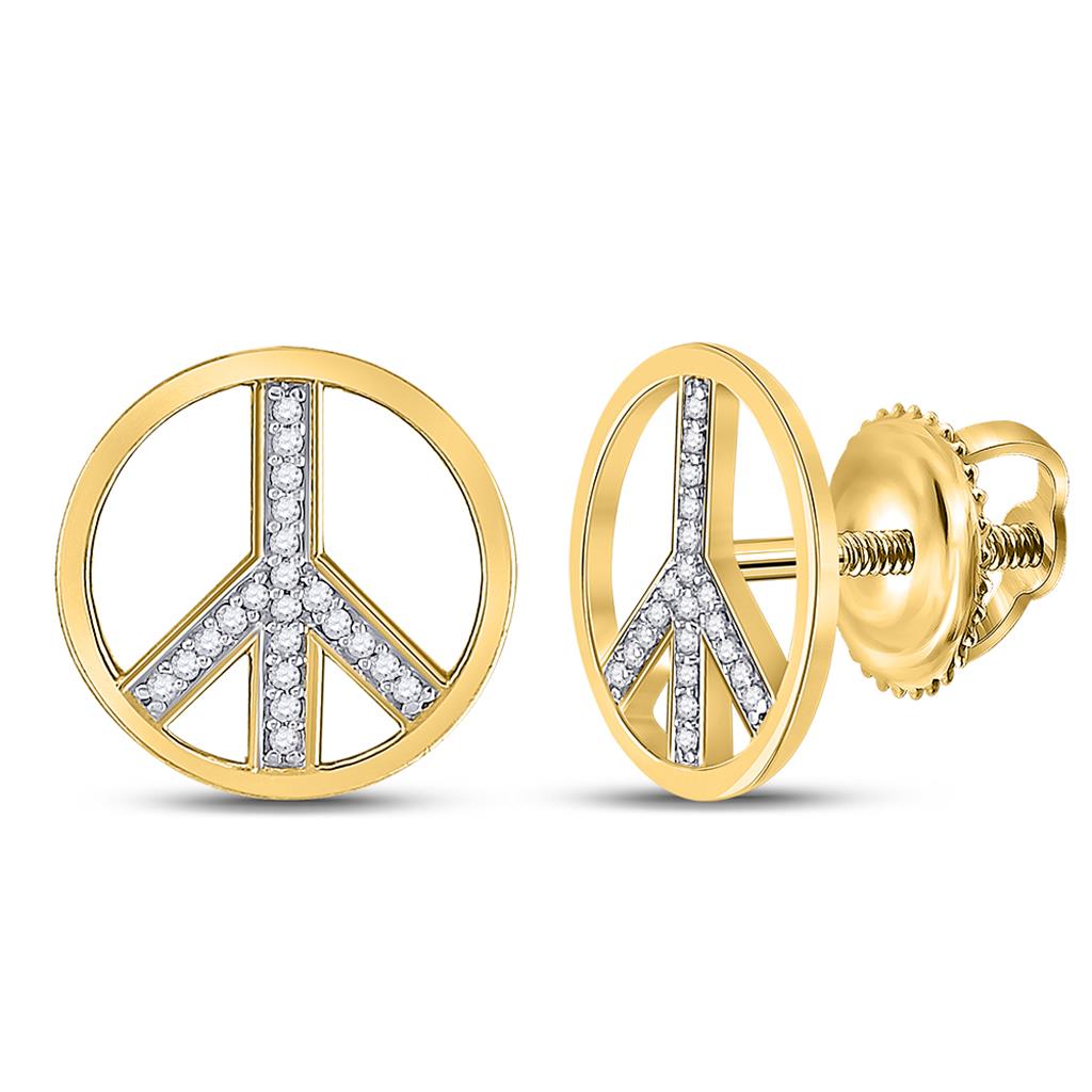 10k Yellow Gold Round Diamond Peace Sign Circle Earrings 1/6 Cttw