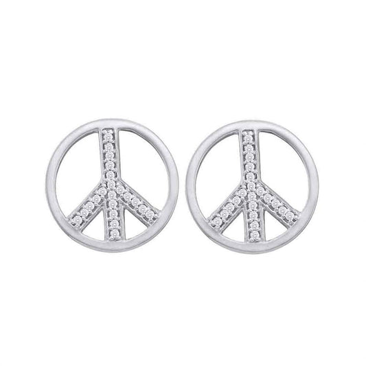 14k White Gold Round Diamond Peace Sign Circle Earrings 1/6 Cttw