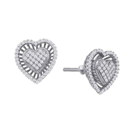 14k White Gold Round Diamond Heart Cluster Earrings 1/3 Cttw